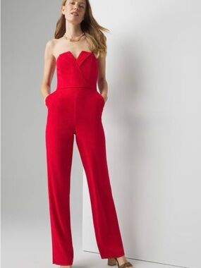 💋 White House Black Market Strapless Red Tuxedo Jumpsuit With Belt 8